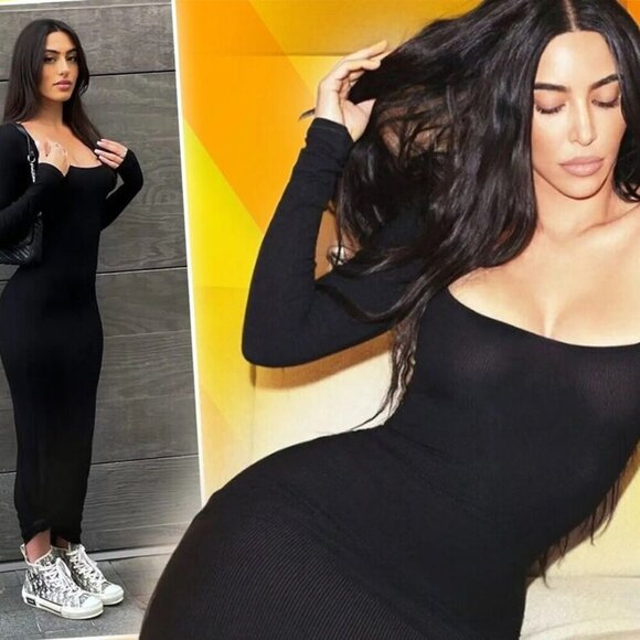 Skims Soft Lounge Long Sleeve Dress Ribbed Onyx Black Size 2XL - Picture 2 of 7